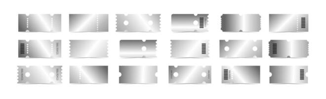 Silver tickets template set. Empty chrome coupon blank with barcode and number. illustration collection isolated on white background vector
