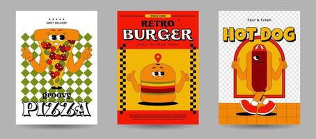 Set of posters with pizza, burger, hot dog characters in retro groovy style. Playful psychedelic fast food mascots. Vintage flat illustration vector