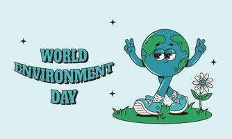 Retro groovy Earth planet walking character in sneakers, cute flower and grass. World Environment day horizontal banner. illustration vector
