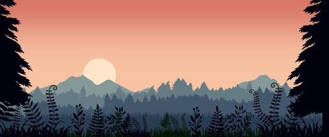 a forest scene with trees and mountains at sunset background vector