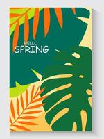 illustration of a spring poster with tropical leaves and the word hello spring vector
