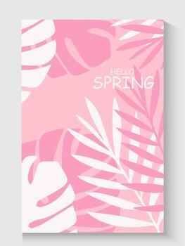 spring card background with palm leaves on pink color vector