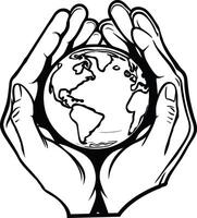 Protect Our Home A hands holding Earth illustration with a message of sustainability Black color line vector
