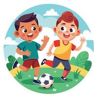 Cheerful Friends Playing a Soccer Match in a Green Field with Smiling Face vector