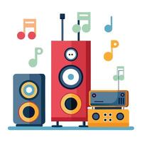 Stylized Illustration of a Stereo Sound System with Musical Notes Floating vector