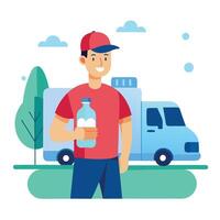 Water Delivery Service Concept with a Friendly Employee Holding a Water Bottle in an Urban Setting vector