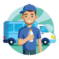 Smiling Delivery Worker Holding a Bottle of Clean Drinking Water in Front of a Delivery Truck vector