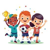 Excited Kids Winning a Soccer Game, Holding a Gold Trophy and Smiling in a Beautiful Green Field vector