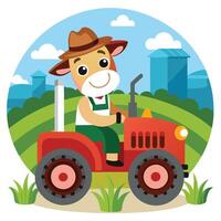 Cheerful Cartoon Bull Wearing a Hat and Overalls on a Red Farming Tractor vector
