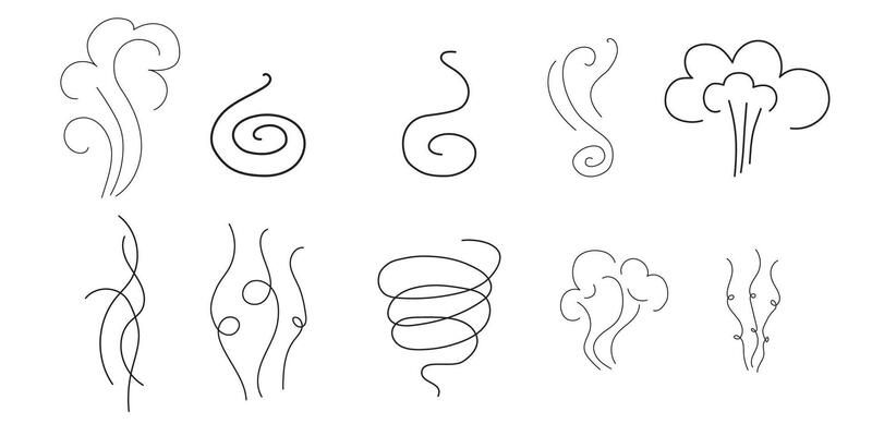Steam and smoke lines icons set. Air wind and scent linear collection, heat waves or aroma from cooking food and hot coffee, gas and fumes. Steam swirls icons of doodle style illustration