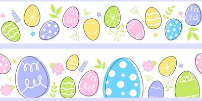 Easter eggs composition hand drawn black on white background. Decorative horizontal stripe from eggs with doodle leaves. vector