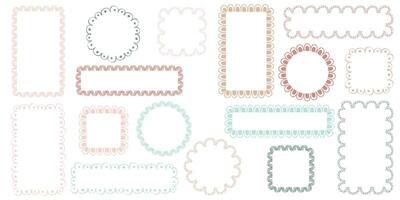 Hand drawn lace scalloped frames. Square, round and rectangle scalloped frames vector