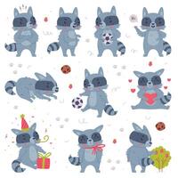 Funny Raccoon Animal Character with Striped Tail Engaged in Different Activity Set vector