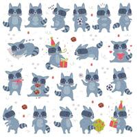 Funny Raccoon Animal Character with Striped Tail Engaged in Different Activity Set vector