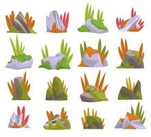 Mossy Solid Stone or Boulder with Grass Big Set vector