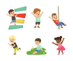 Cute Little Kids Having Fun Playing at Playground Enjoying Outdoor Activity Set vector