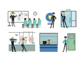Man and Woman Police Officer Working in Department Sitting on Reception and Shooting with Pistol Set vector