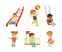 Cute Little Kids Having Fun Playing at Playground Enjoying Outdoor Activity Set vector