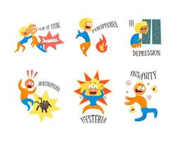 Different Fears and Phobia with Comic Man and Woman Afraid of Various Things Set vector
