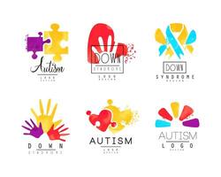 Autism and Down Syndrome Abstract Emblems with Puzzle and Bright Hand Palm Set vector