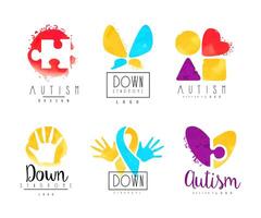 Autism and Down Syndrome Abstract Emblems with Puzzle and Bright Hand Palm Set vector