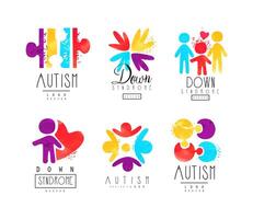 Autism and Down Syndrome Abstract Emblems with Puzzle and Bright Hand Palm Set vector