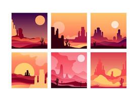 Sunset in Desert with Red Sun and Sandy Dunes with Cactus Set vector
