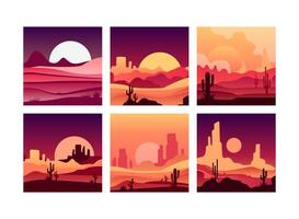 Sunset in Desert with Red Sun and Sandy Dunes with Cactus Set vector