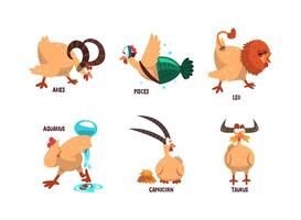 Funny Turkey Character and Zodiac Signs Like Aries, Pisces, Leo, Aquarius, Capricorn and Taurus Set vector
