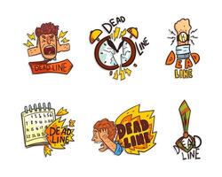Deadline and Time Limit Labels with Screaming Man, Tie, Broken Clock and Calendar Set vector