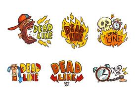 Deadline and Time Limit Labels with Screaming Man, Burning Fire, Skull, Leg with Chain and Clock Set vector