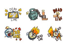 Deadline and Time Limit Labels with Burning Clock, Leg with Chain and Heavy Kettlebell and Lightning Set vector
