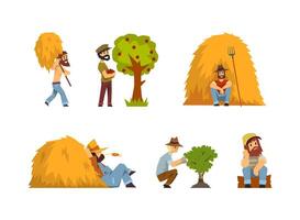 Man Farmer Working in the Field Carrying Hay with Pitchfork and Picking Fruit and Berry Set vector