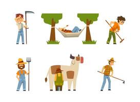Young Man Farmer Working in the Field with Scythe, Resting in Hammock and Milking Cow Set vector