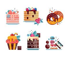 Sweet Dessert Like Cake, Cupcake and Donut with Berry Topping and Sprinkles Flat Set vector