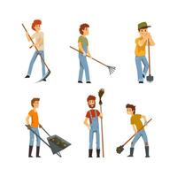 Young Man Farmer Working in the Field with Scythe, Shovel, Wheelbarrow and Rake Set vector