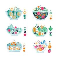 Salad Bowl with Different Ingredients with Fresh Fruit and Vegetables with Seafood Flat Set vector