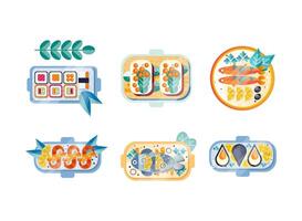 Plates with Different Seafood Like Carp, Sushi, Oyster and Shrimp Flat Set vector