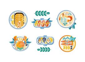 Plates with Different Seafood Like Crab, Salmon, Oyster and Shrimp Flat Set vector