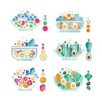 Salad Bowl with Different Ingredients with Fresh Fruit and Vegetables with Seafood Flat Set vector