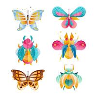 Bugs, Beetles and Butterfly Colorful Insect with Wings and Symmetrical Shape Flat Set vector