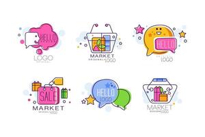 Market and Hello Logo Design with Sale Tag and Shopping Cart Set vector