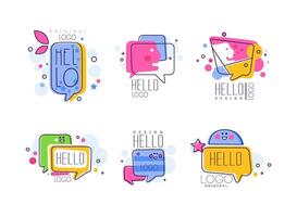 Hello Speech Bubble Logo Design with Smile and Face Set vector