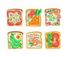 Sandwich with Various Ingredients Like Egg, Avocado, Tomato, Cheese, Bacon and Shrimp Set vector