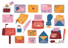 Post Object with Letter Envelope, Ink Jar with Quill and Postage Stamps as Postal Symbol Big Set vector