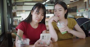 Handheld selective focus shot, Two siblings are enjoy online shopping together on smartphone while sitting at a table in a cafe. Family enjoying time together. Happy lifestyle. video