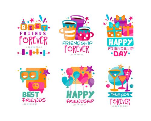 Friends Forever Logo Design with Balloons, Gift Box and Cocktails Set