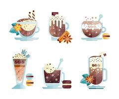 Ice Coffee Drink Mixed with Spice and Milky Cream Poured in Glass Set vector