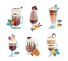 Ice Coffee Drink Mixed with Spice and Milky Cream Poured in Glass Set vector