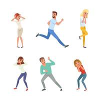 People Character Afraid of Something Feeling Scared and Terrified Screaming and Escaping Illustration Set vector